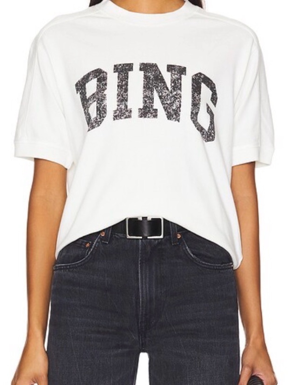 Anine Bing White Tee with Distressed Black BING Logo - Short Sleeve